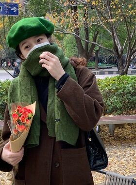 推荐显白的复古绿色围巾女冬季柔软百搭纯色毛线韩系保暖围脖韩版