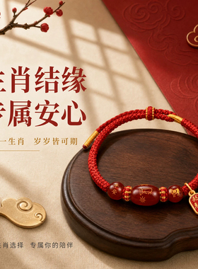 2027年生肖太岁红绳手链本命年转运珠属羊牛鼠兔马吉祥物编织手绳