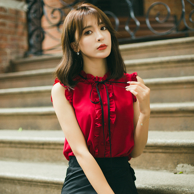 雪纺衫无袖新款韩版夏季洋气潮衬衫 公主的告白蕾丝衫/雪纺衫