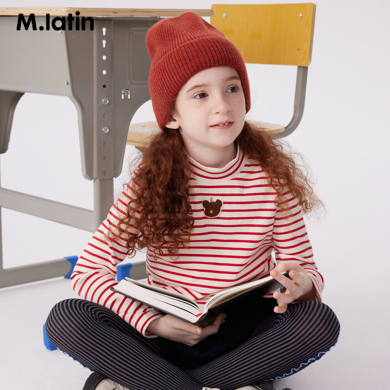 马拉丁童装儿童T恤23冬装新款男童女童大童半高领条纹德绒长袖T恤,淘宝优惠券,粉丝福利购,淘宝优惠卷