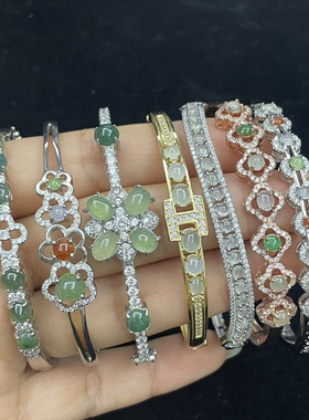 缅甸翡翠手镯银镯多宝白冰绿色紫罗兰油青蓝水蛋面镀925银镶手镯