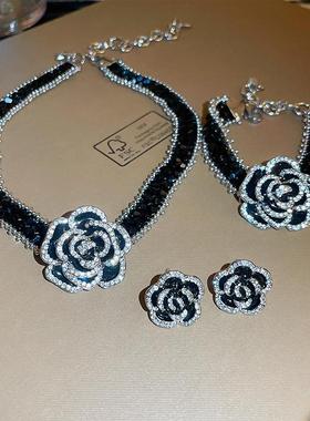 黑色山茶花项链高级感锁骨链手链