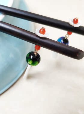 天然黑檀木玛瑙日式银箔琉璃发簪
