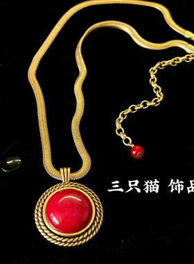 【女神套装】复古红色玛瑙石项链耳钉套装气质时尚百搭天然石首饰