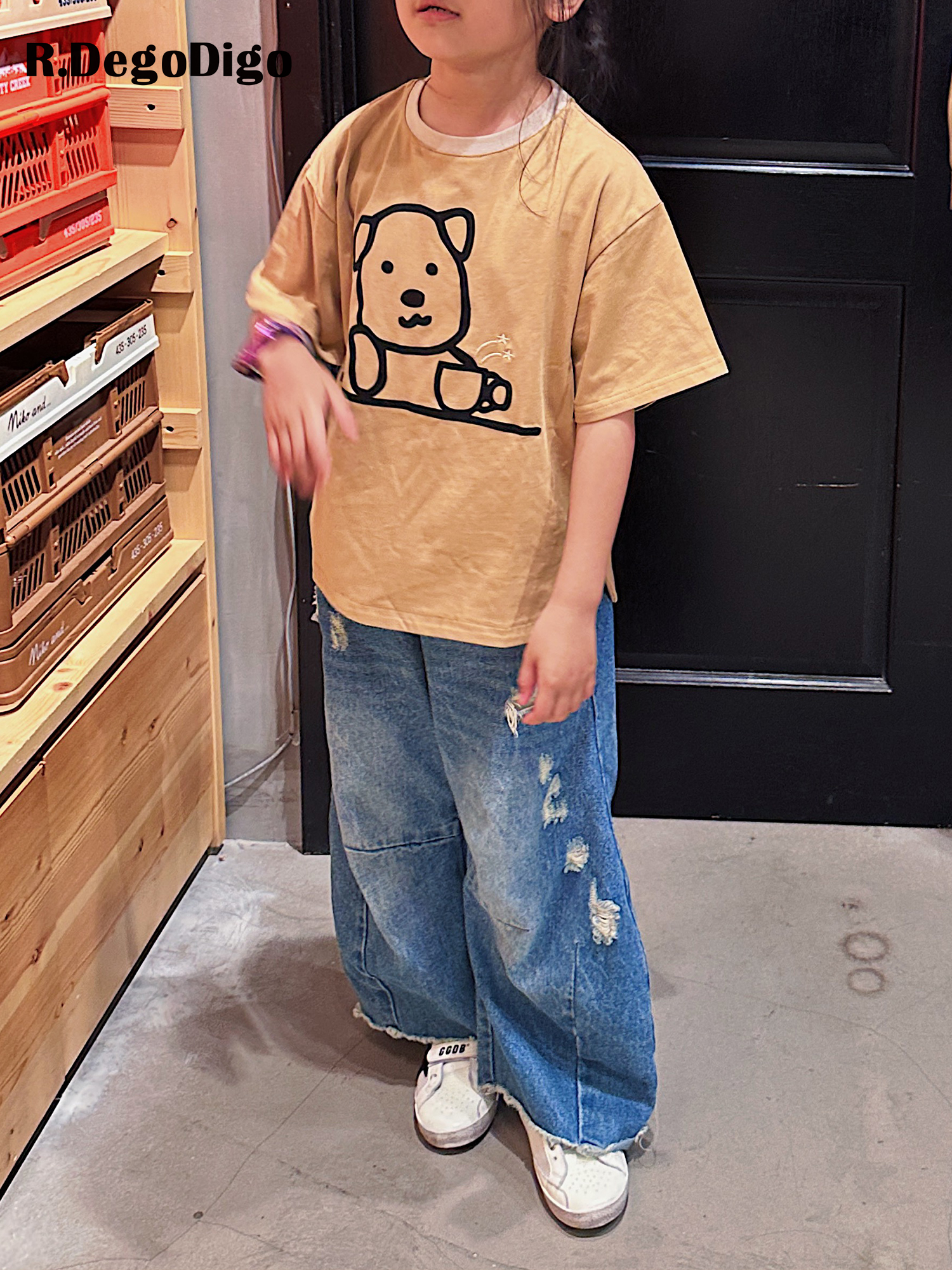 RDegoDigo男女童装亲子时髦日系水洗破洞马蹄阔腿牛仔裤现货 - 图1