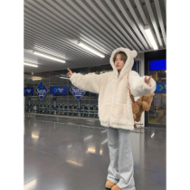 Hole really annoying lamb fur coat small bear ears plus-fur coat female autumn winter thickened even cap small