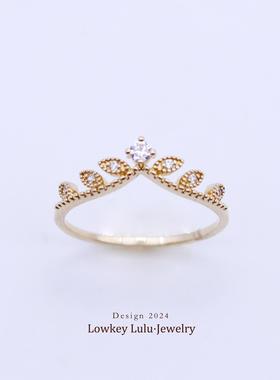 【法国进口】18K包金不褪色轻奢小众原创设计树叶小皇冠戒指法式