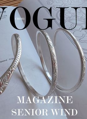 月如银原创足银999手工手镯錾刻