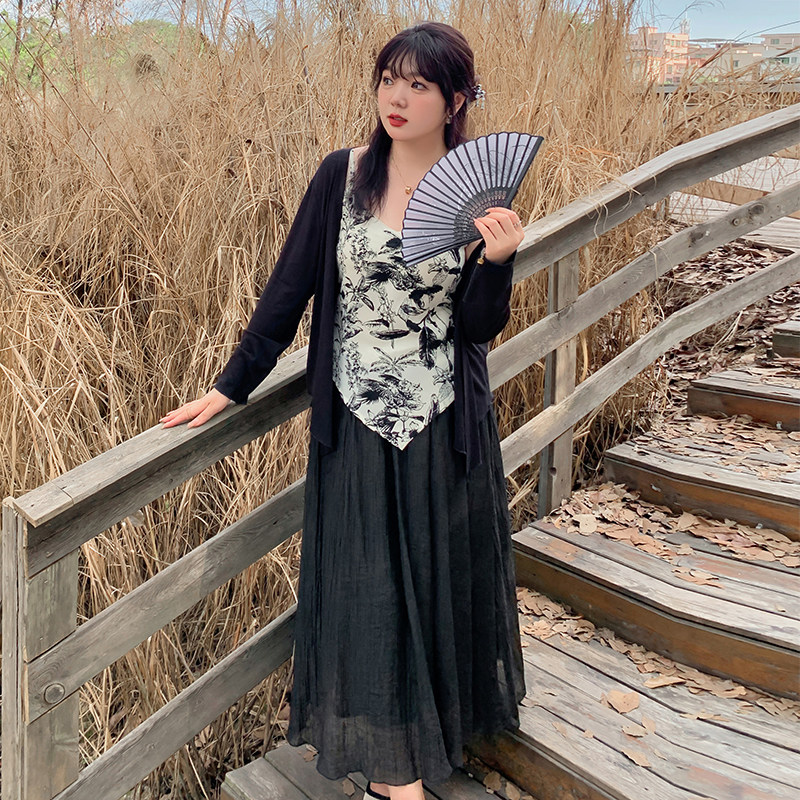 春季新品大码女装200斤胖mm设计感国风三件套装中式吊带开衫半裙,淘宝优惠券,粉丝福利购,淘宝优惠卷