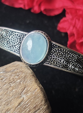 天然石镶嵌复古半银做旧手镯紫龙晶海蓝宝月光石青金海纹石手镯