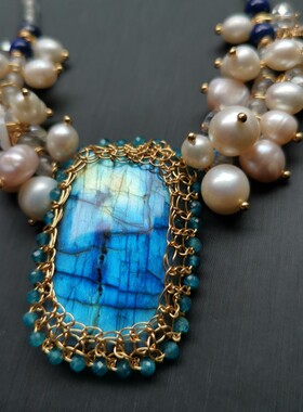 个性大气复古巴洛克风项链手工绕线天然拉长石大吊坠珍珠青金项链