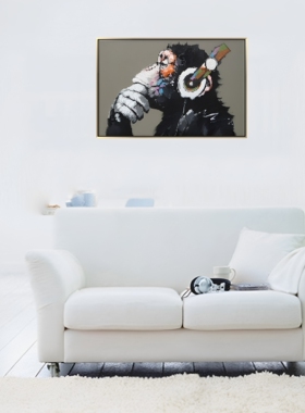 沙发背景墙猩猩手绘油画动宠物图片定制手工大芬油画村奶油侘寂风