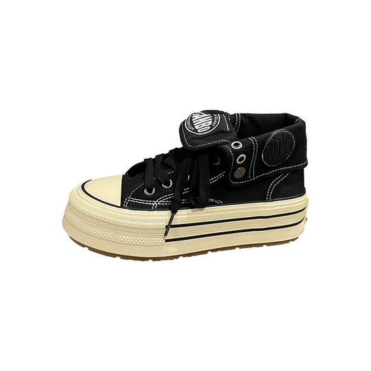 七七主人家 黑色高帮帆布鞋女2024秋季新款爆款女鞋高街板鞋ins潮