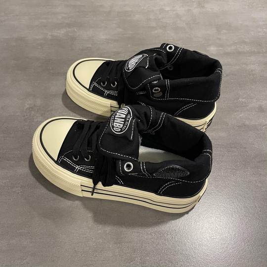 七七主人家 黑色高帮帆布鞋女2024秋季新款爆款女鞋高街板鞋ins潮