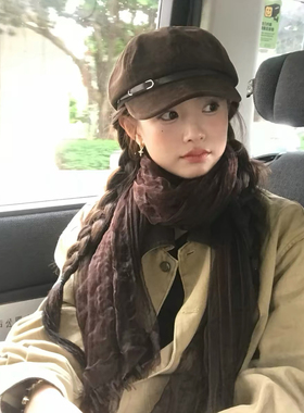 2026新款美拉德麂皮绒贝雷帽子女秋冬保暖报童帽百搭显脸小八角帽