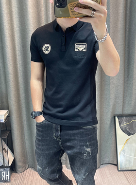 潮牌短袖polo针织衫男修身印花