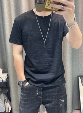 潮牌天丝棉麻短袖t恤衫男士夏季
