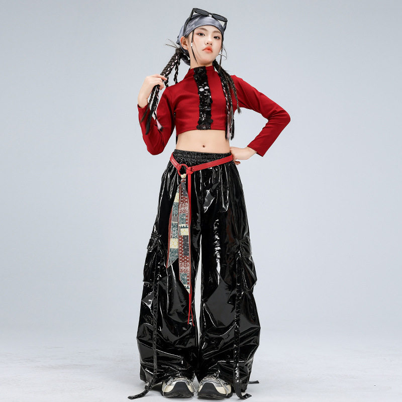 少儿爵士舞服装露脐黑红亮片皮裤套装女童jazz街舞潮服元旦演出服,淘宝优惠券,粉丝福利购,淘宝优惠卷