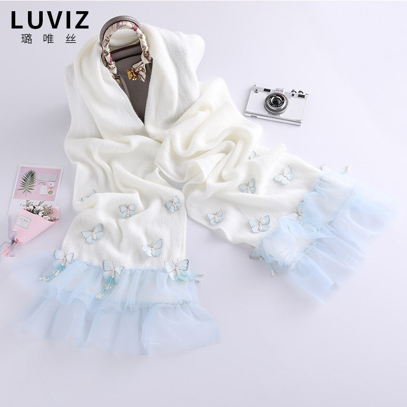 针织长款白色女blingbling网纱围脖 luviz围巾/丝巾/披肩