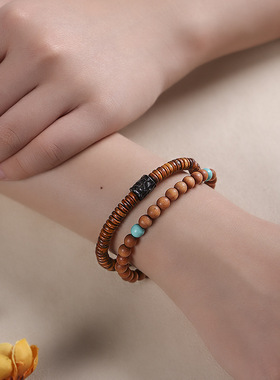 手工编织创意森系小众那女通款檀木复古中国风简约情侣款双圈手串