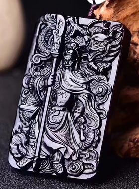 天然金曜石大刀关公吊坠男武财神关羽项链乌金黑曜石饰品水晶