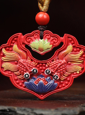 朱砂彩绘双鱼锦鲤锁项链原矿朱砂平an长命锁吊坠送女友礼物