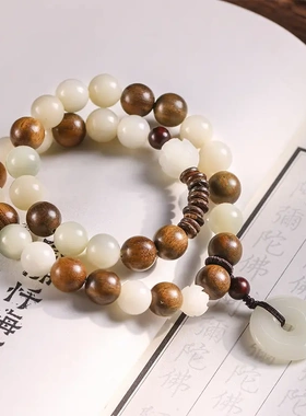 天然绿檀DIY手工编织风化菩提珠多宝平安扣双圈手串创意文艺手链