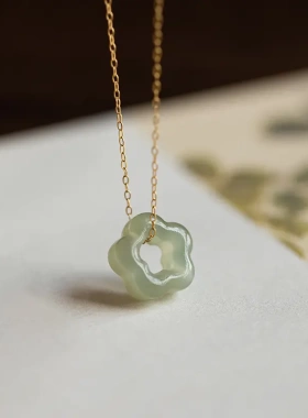 正品和田玉项链古风镂空梅花纯银链条气质青碧玉礼物国潮一件