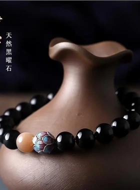 天然黑曜石静心手链女莲花小众个性佛珠串珠饰品太阳石手串