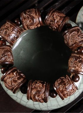 沉水越南沉香木雕刻手串皮黑木男女士佛珠血檀紫檀核桃手链