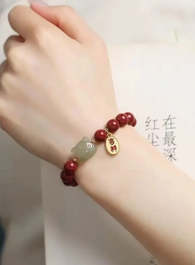 高档朱砂珍品女属虎手链女红朱砂手串佛珠手饰和田玉小老虎年礼物