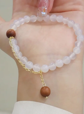 老山檀木手链女简约ins风天然白玛瑙两件套手串福牌国风手饰