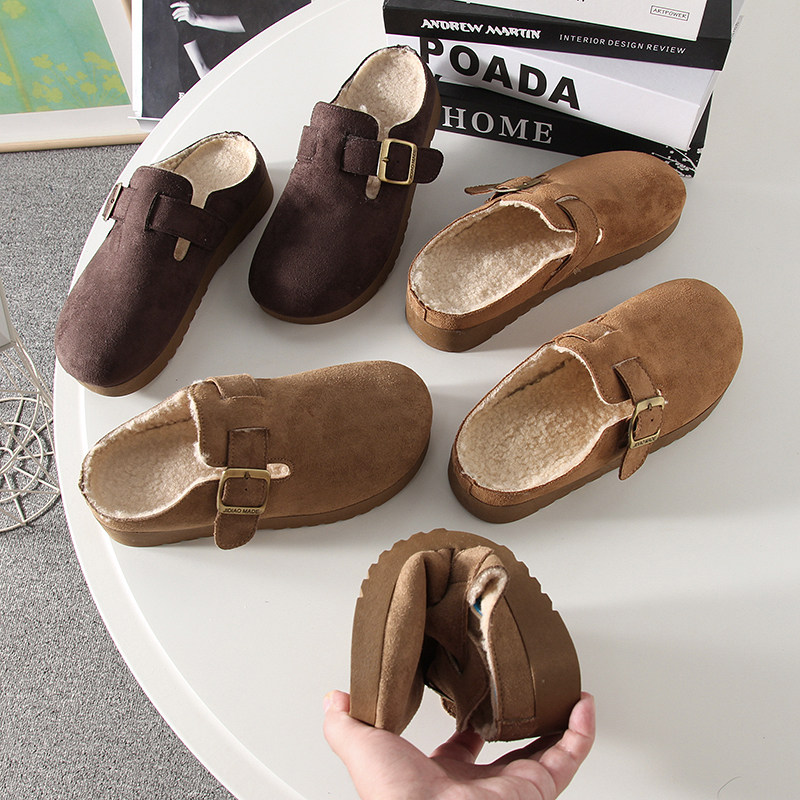 秋冬复古反绒面加绒勃肯鞋懒人一脚蹬平底包头拖鞋半包棉拖鞋女潮,淘宝优惠券,粉丝福利购,淘宝优惠卷
