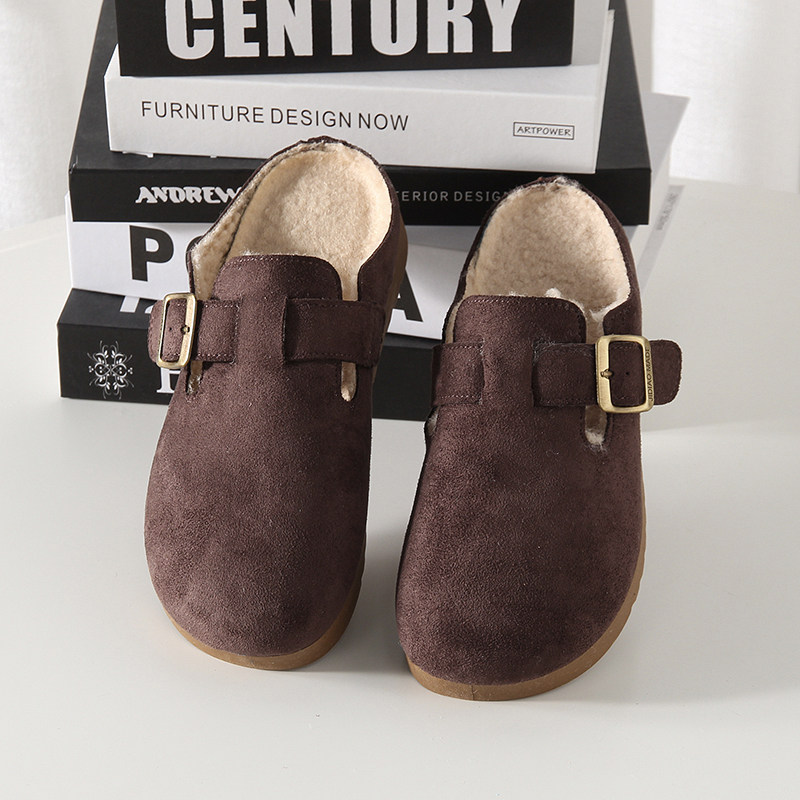 秋冬复古反绒面加绒勃肯鞋懒人一脚蹬平底包头拖鞋半包棉拖鞋女潮,淘宝优惠券,粉丝福利购,淘宝优惠卷