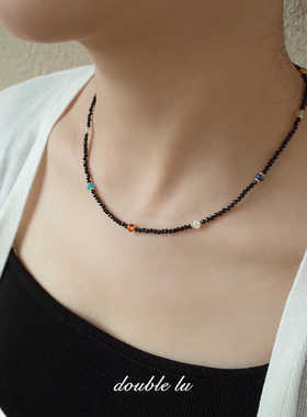 小众蓝松石ins风串珠项链黑水晶