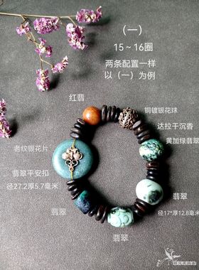 优雅复古蓝绿色翡翠平安扣达拉干沉香多宝手串：蓝田日暖