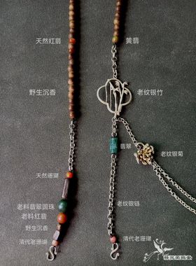 复古国风翡翠沉香老纹银吊牌链