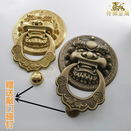 仿古中式真铜大拉手麒麟全铜大门狮子拉手仿古纯黄铜兽头实大门环 - 图1