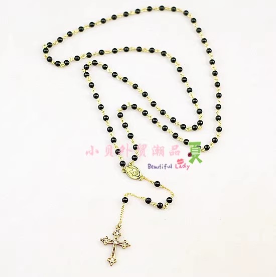 明星同款项链多层装饰链绿松石流苏串珠十字架长款挂件男女毛衣链