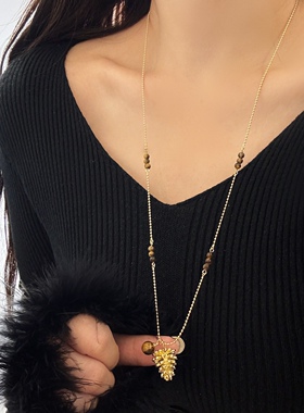 爆款虎眼石黑玛瑙小松果吊坠项链日常百搭毛衣链女配饰