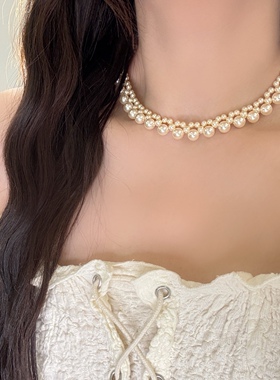 丽贝丽影错落奶白色珍珠揉成柔润波浪叠层锁骨链女优雅气质温柔