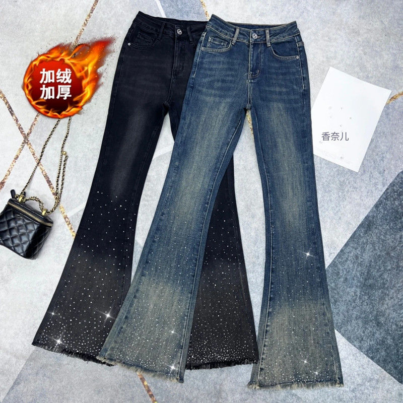 重工烫钻牛仔微喇裤女秋冬新款高腰弹力喇叭裤修身显瘦毛边九分裤 - 图0