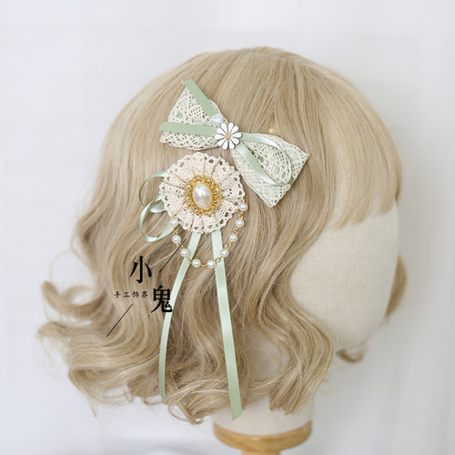 原创lo娘蕾丝蝴蝶结发带森系头饰洛丽塔kc发箍若草色lolita发饰
