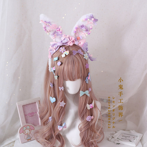 现货甜娘手作粉蓝洛丽塔呲甜兔耳朵Lolita发箍kc草莓糖果兔耳发箍 - 图1