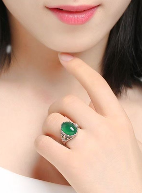 新款菠菜绿玉髓圆形镂空霸气女士活口指环气质百搭高档戒指宫廷风