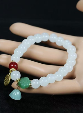 新款白色圆珠玻璃福字莲蓬手串清新可爱原创简约福牌百搭款手链