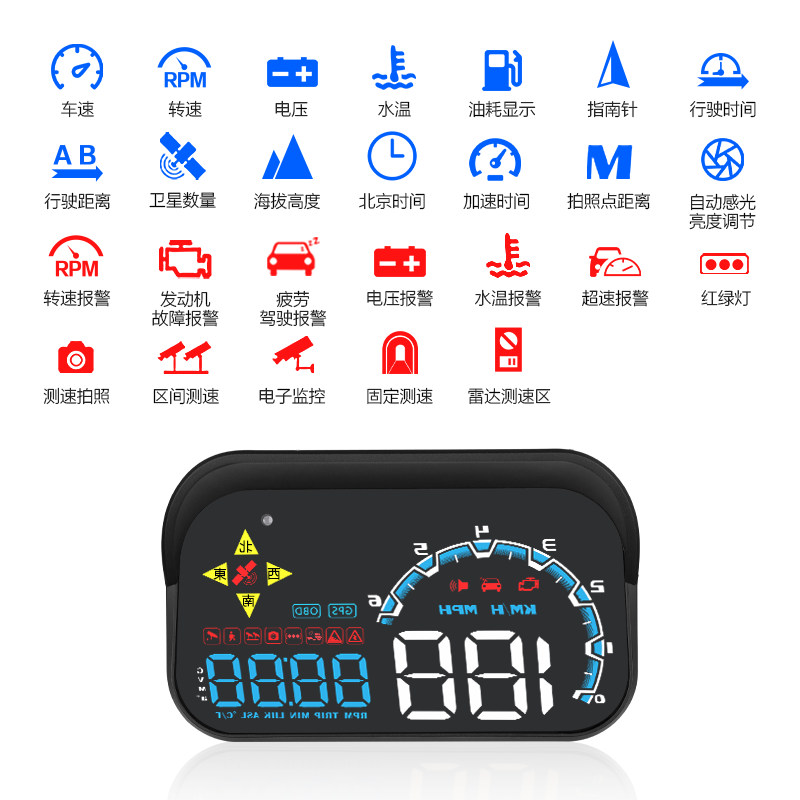 车载HUD抬头显示器无线GPS卫星汽车海拨油耗速度显示测速带电子狗 - 图2