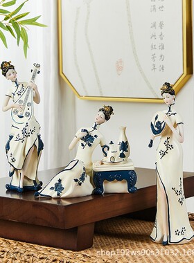 新中式古风仕女摆件创意国风客厅玄关酒柜酒店餐桌中间高端装饰品
