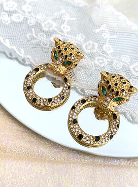 金属质感镶嵌水钻闪耀猎豹圆环个性创意ins耳环耳饰