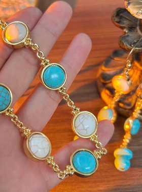 中古vintage复古风耳钉小众设计感高级轻奢气质耳饰仿珍珠绿松石